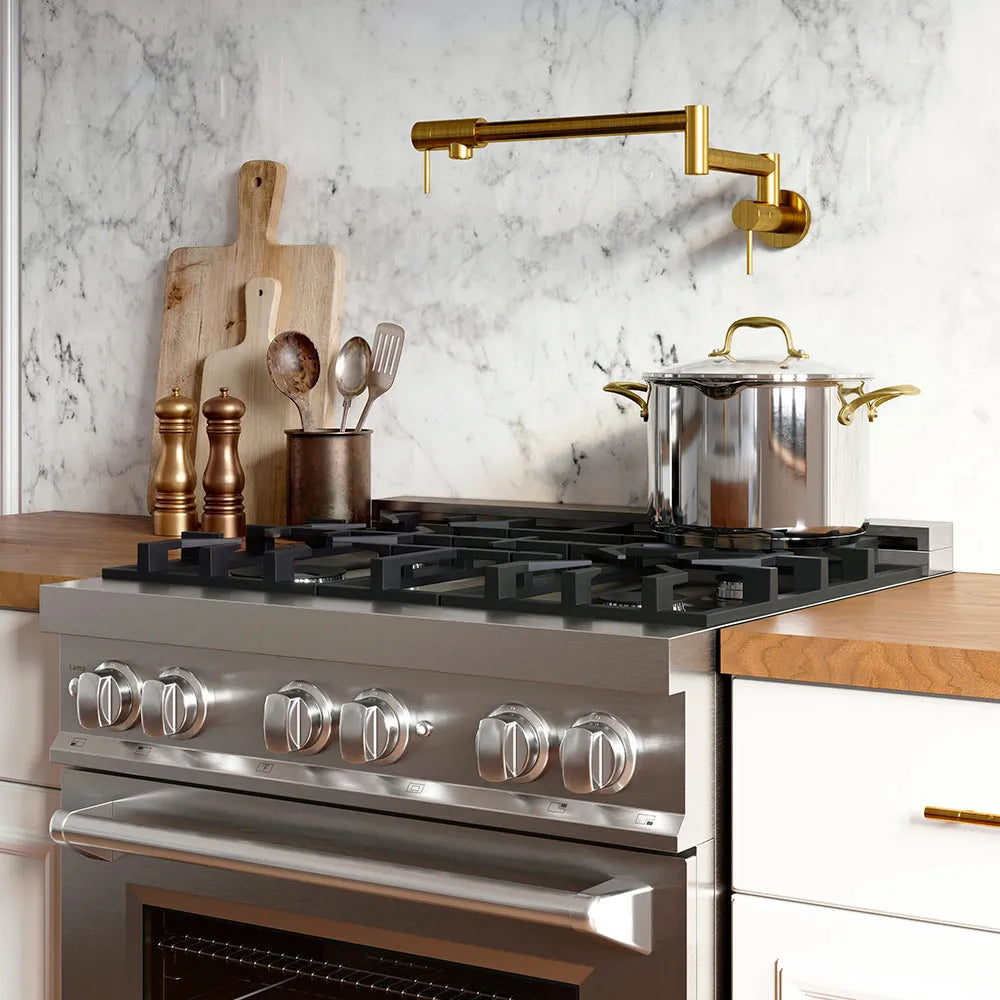 Modern farmhouse kitchen with ZLINE 30 in. 4.0 cu. ft. Legacy Dual Fuel Range with 4 Burner Gas Cooktop and Electric Convection Oven in Stainless Steel (RA30), gold faucet, and wooden cutting boards.