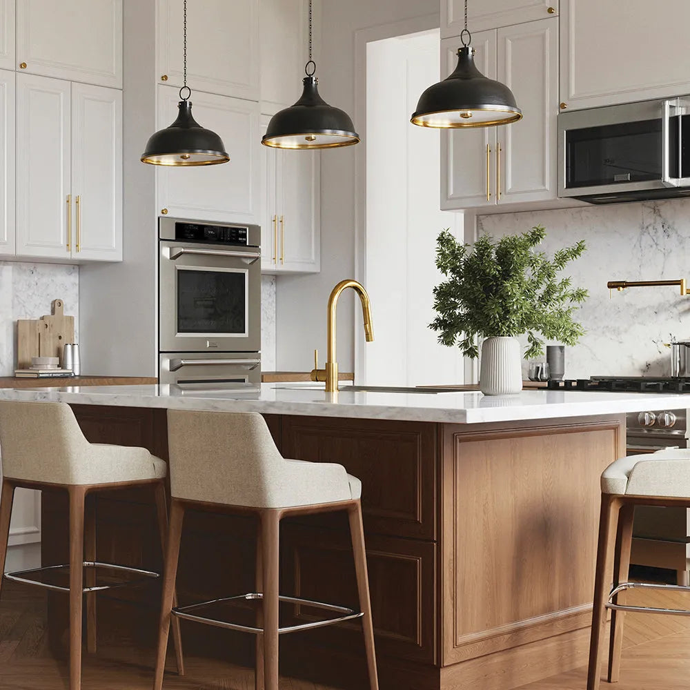 Modern kitchen with wooden island, bar stools, and ZLINE 30 in. Professional True Convection Double Wall Oven with Air Fry and Self Clean in Stainless Steel (WAD-30)