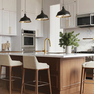 Modern kitchen with wooden island, bar stools, and ZLINE 30 in. Professional True Convection Double Wall Oven with Air Fry and Self Clean in Stainless Steel (WAD-30)