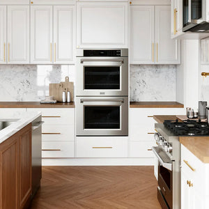 Modern kitchen with ZLINE 30 in. Professional True Convection Double Wall Oven with Air Fry and Self Clean in Stainless Steel (WAD-30) and white cabinets.