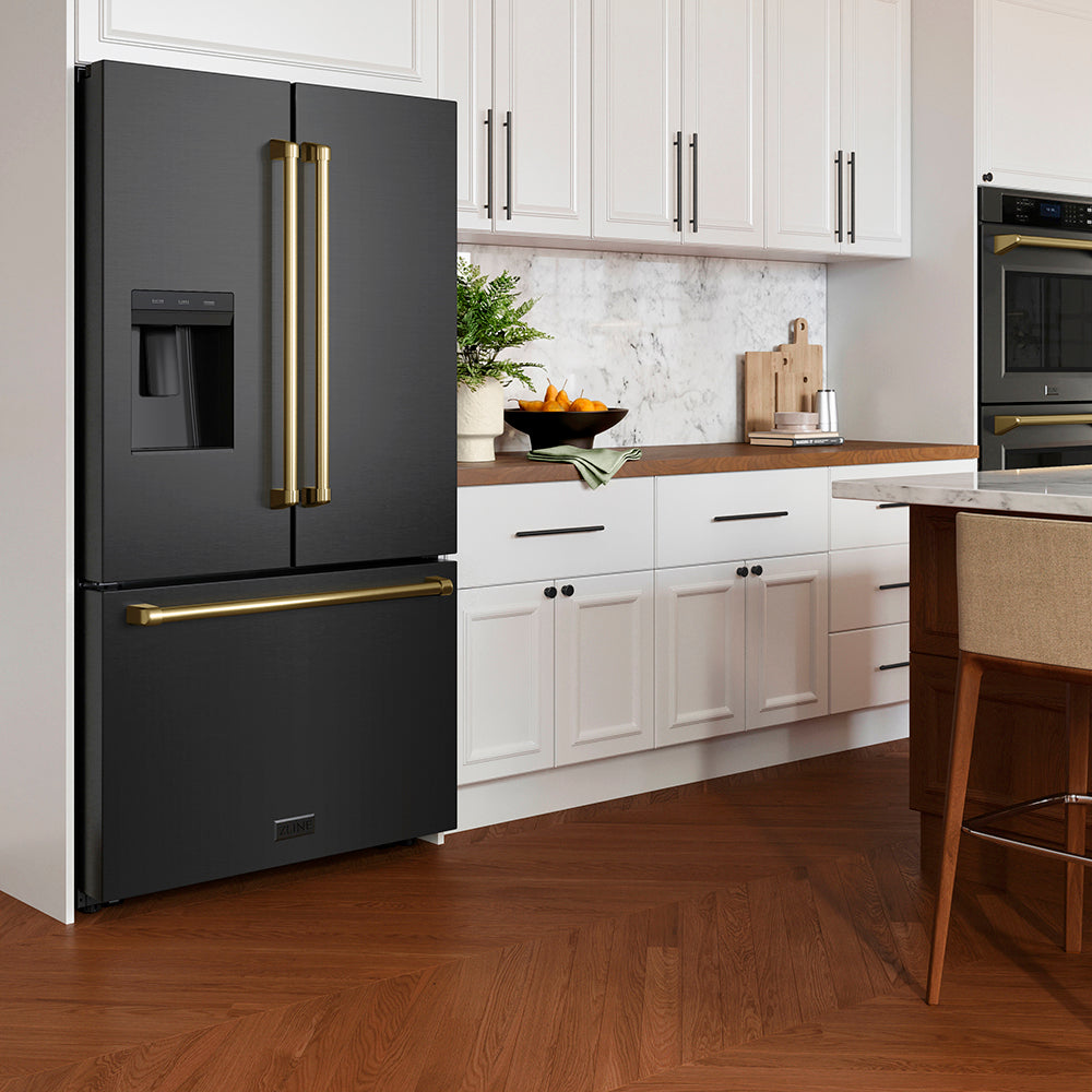 ZLINE Autograph Edition 36 in. 28.9 cu. ft. Standard-Depth French Door External Water Dispenser Refrigerator with Dual Ice Maker in Fingerprint-Resistant Black Stainless Steel and Champagne Bronze Traditional Handles (RSMZ-W-36-BS-CB)