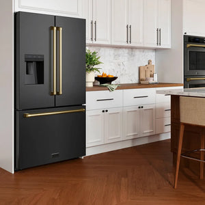 Modern kitchen with a ZLINE Autograph Edition 36 in. 28.9 cu. ft. Standard-Depth French Door External Water Dispenser Refrigerator with Dual Ice Maker in Fingerprint-Resistant Black Stainless Steel and Champagne Bronze Traditional Handles (RSMZ-W-36-BS-CB)
