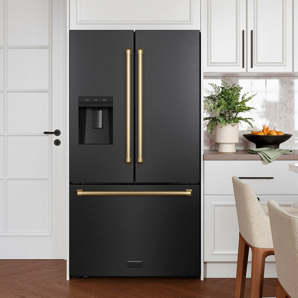 ZLINE Autograph Edition 36 in. 28.9 cu. ft. Standard-Depth French Door External Water Dispenser Refrigerator with Dual Ice Maker in Fingerprint-Resistant Black Stainless Steel and Champagne Bronze Traditional Handles (RSMZ-W-36-BS-CB)