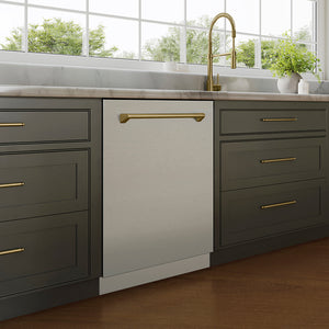 Modern kitchen with gray cabinets, ZLINE Autograph Edition 24 in. Tallac Series 3rd Rack Top Control Built-In Tall Tub Dishwasher in Stainless Steel with Champagne Bronze Handle, 51dBa (DWVZ-304-24-CB), and a window view.