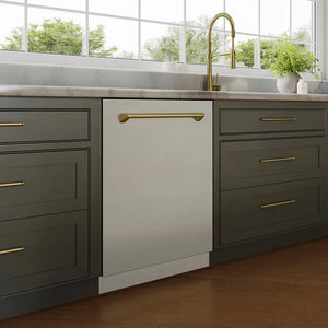 Modern kitchen with gray cabinets, ZLINE Autograph Edition 24 in. Tallac Series 3rd Rack Top Control Built-In Tall Tub Dishwasher in Stainless Steel with Champagne Bronze Handle, 51dBa (DWVZ-304-24-CB), and a window view.
