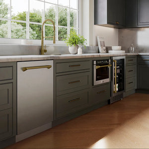 Modern kitchen with gray cabinets, ZLINE Autograph Edition 24 in. Tallac Series 3rd Rack Top Control Built-In Tall Tub Dishwasher in Stainless Steel with Champagne Bronze Handle, 51dBa (DWVZ-304-24-CB), and a window view.
