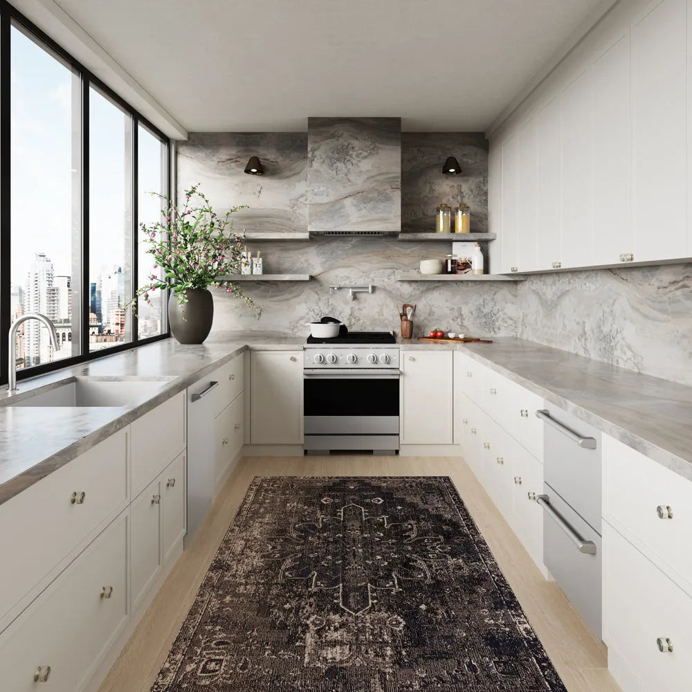 ZLINE 30 in. 4.2 cu. ft. Marino Gas Range with 4 Burner Cooktop and Convection Gas Oven in Stainless Steel (MGR30) front, set in a modern kitchen with white cabinetry, marble countertops, a large window overlooking a city skyline, and a potted plant on the counter.