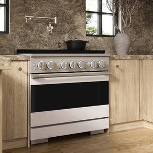 ZLINE 36 in. 5.2 cu. ft. Marino Dual Fuel Range with 6 Burner Gas Cooktop and Electric Convection Oven in Stainless Steel with White Matte Door (MDR-WM-36) side, set in a modern kitchen with light wood cabinets, a textured stone backsplash, and a black pot on the cooktop.