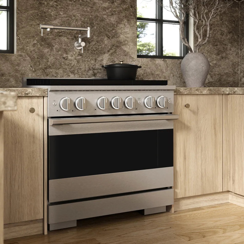 ZLINE 36 in. 5.2 cu. ft. Marino Dual Fuel Range with 6 Burner Gas Cooktop and Electric Convection Oven in Satin Stainless Steel (MDRS-36) side, set in a modern kitchen with light wood cabinets, a textured stone backsplash, and a black pot on the cooktop.