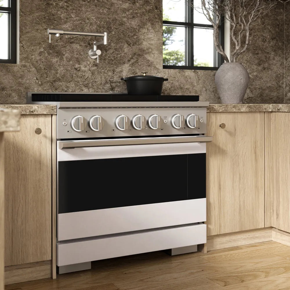 ZLINE 36 in. 5.2 cu. ft. Marino Dual Fuel Range with 6 Burner DuoPro™ Cooktop and Electric Convection Oven with White Matte Door (PMDR-WM-36) side, set in a modern kitchen with light wood cabinets, a textured stone backsplash, and a black pot on the cooktop.