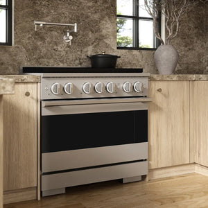 ZLINE 36 in. 5.2 cu. ft. Marino Gas Range with 6 Burner DuoPro™ Cooktop and Convection Gas Oven in Stainless Steel (PMGR36) side, set in a modern kitchen with light wood cabinets, a textured stone backsplash, and a black pot on the cooktop.