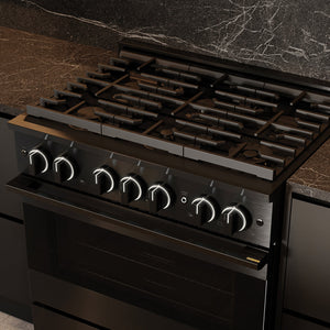 ZLINE 36 in. 5.2 cu. ft. Marino Dual Fuel Range with 6 Burner Gas Cooktop and Electric Convection Oven in Black Stainless Steel (MDRB-36) top-down, above cooking surface.