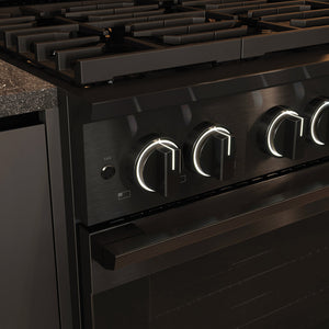 ZLINE 36 in. 5.2 cu. ft. Marino Dual Fuel Range with Gas Cooktop and Electric Convection Oven in Black Stainless Steel with 6 Brass Burners (MDRB-BR-36) close-up, cooktop and oven knobs.