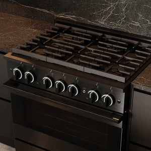 ZLINE 36 in. 5.2 cu. ft. Marino Gas Range with 6 Burner Cooktop and Convection Gas Oven in Black Stainless Steel (MGRB-36) top-down, in a modern dark kitchen with a dark marble countertop and backsplash.