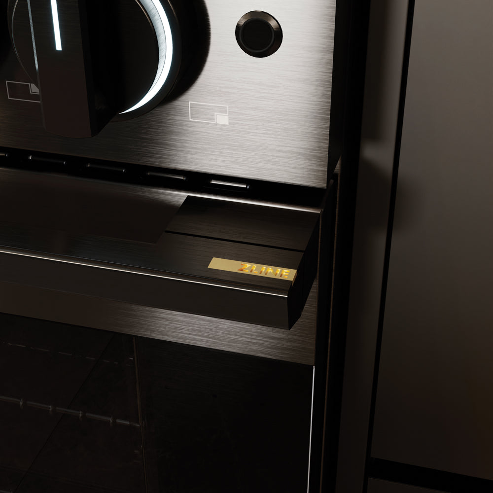 ZLINE 36 in. 5.2 cu. ft. Marino Gas Range with Convection Gas Oven in Black Stainless Steel with 6 Brass Burners (MGRB-BR-36) close-up, ZLINE badge on oven door handle.