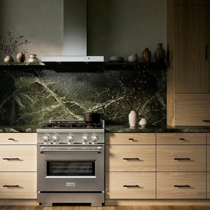 ZLINE 30 in. 4.2 cu. ft. Classic Dual Fuel Range with 4 Burner DuoPro™ Cooktop and Electric Convection Oven in Stainless Steel (PCDR30) in a designer kitchen with stainless steel hood, wooden cabinets, and green marble backsplash, front.