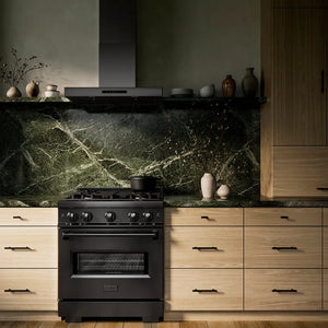 ZLINE 30 in. 4.2 cu. ft. Classic Dual Fuel Range with 4 Burner DuoPro™ Cooktop and Electric Convection Oven in Black Stainless Steel (PCDRB-30) in a designer kitchen with stainless steel hood, wooden cabinets, and green marble backsplash, front.