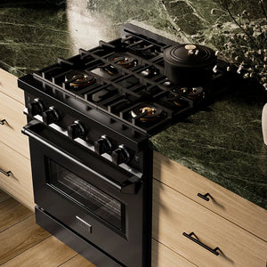 ZLINE 30 in. 4.2 cu. ft. Classic Dual Fuel Range with 4 Burner DuoPro™ Cooktop and Electric Convection Oven in Black Stainless Steel (PCDRB-30) in a designer kitchen with stainless steel hood, wooden cabinets, and green marble backsplash, side, above cooktop.