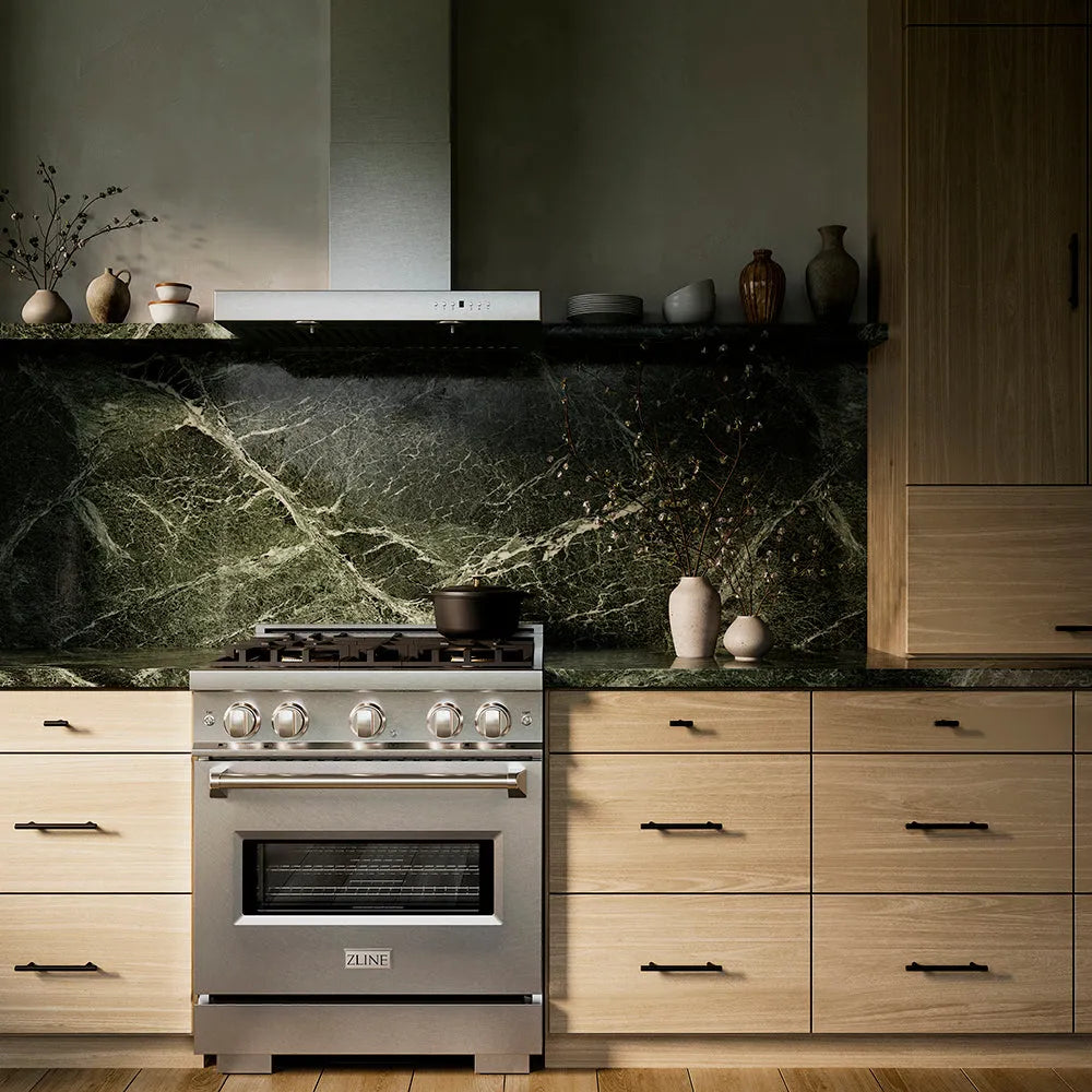 ZLINE 30 in. 4.2 cu. ft. Classic Dual Fuel Range with 4 Burner DuoPro™ Cooktop and Electric Convection Oven in Satin Stainless Steel (PCDRS-30) in a designer kitchen with stainless steel hood, wooden cabinets, and green marble backsplash, front.