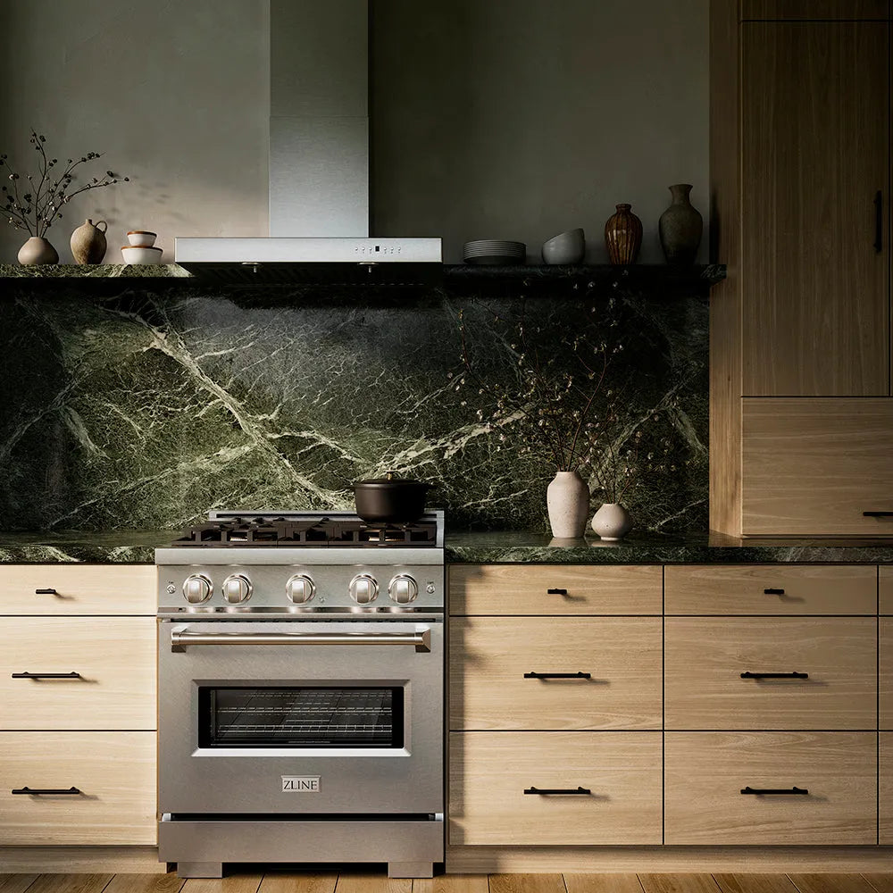 ZLINE 30 in. 4.2 cu. ft. Classic Gas Range with 4 Burner DuoPro™ Cooktop and Convection Gas Oven in Satin Stainless Steel (PCGRS-30) in a designer kitchen with stainless steel hood, wooden cabinets, and green marble backsplash, front.