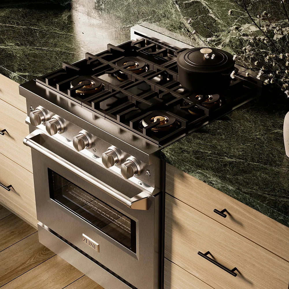 ZLINE 30 in. 4.2 cu. ft. Classic Gas Range with 4 Burner DuoPro™ Cooktop and Convection Gas Oven in Satin Stainless Steel (PCGRS-30) in a designer kitchen with stainless steel hood, wooden cabinets, and green marble backsplash, side, above cooktop.