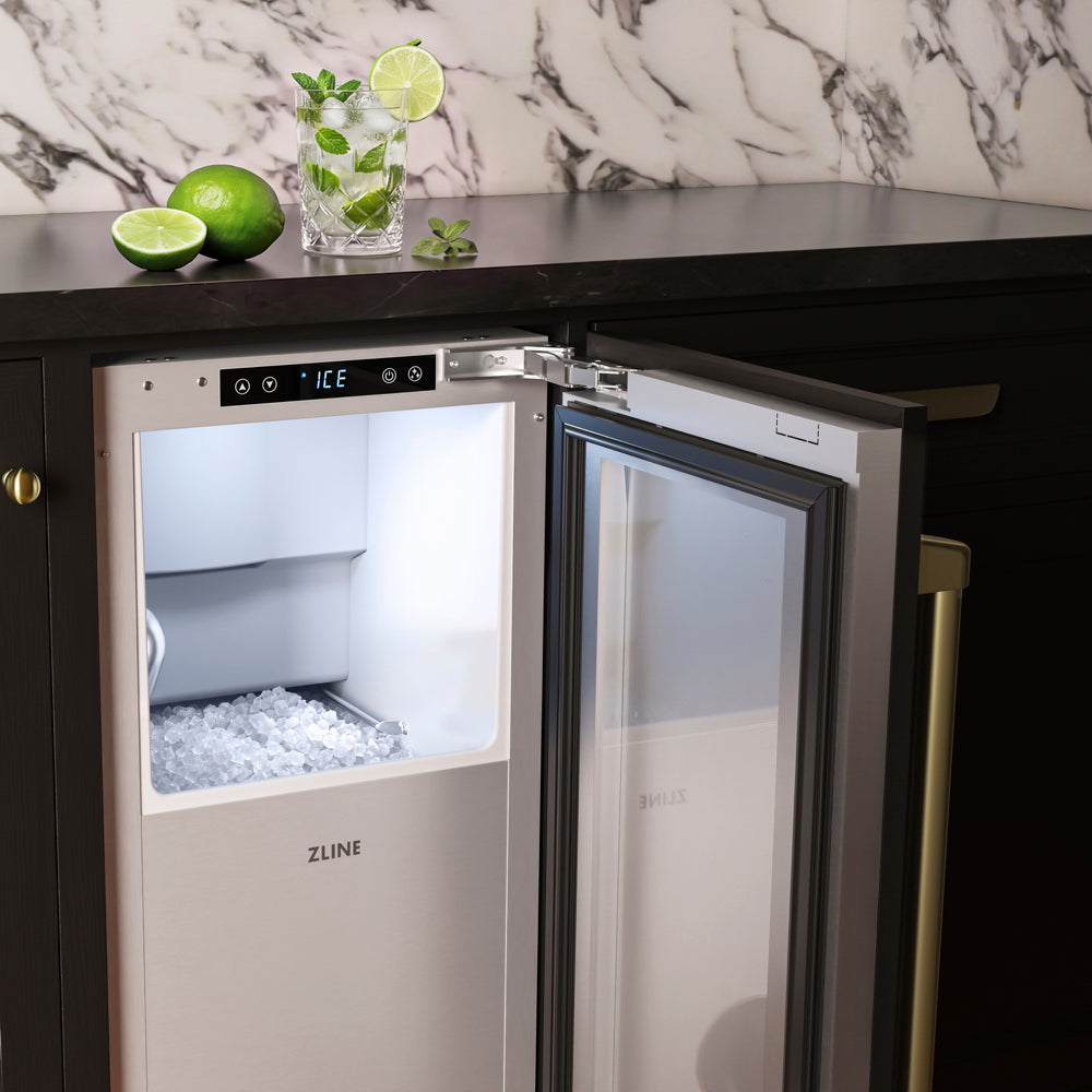 ZLINE Autograph Edition 15 in. Touchstone Nugget Ice Maker with Drain Pump and Panel-Ready Door with Champagne Bronze Handle (INGDPZ-15-CB)