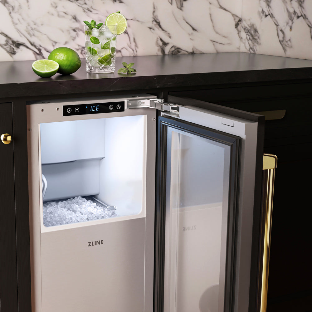ZLINE Autograph Edition 15 in. Touchstone Nugget Ice Maker with Drain Pump and Panel-Ready Door with Polished Gold Handle (INGDPZ-15-G)