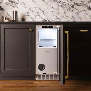 ZLINE Autograph Edition 15 in. Touchstone Nugget Ice Maker with Drain Pump and Panel-Ready Door with Polished Gold Handle (INGDPZ-15-G)