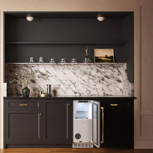 ZLINE Autograph Edition 15 in. Touchstone Nugget Ice Maker with Drain Pump and Panel-Ready Door with Polished Gold Handle (INGDPZ-15-G)