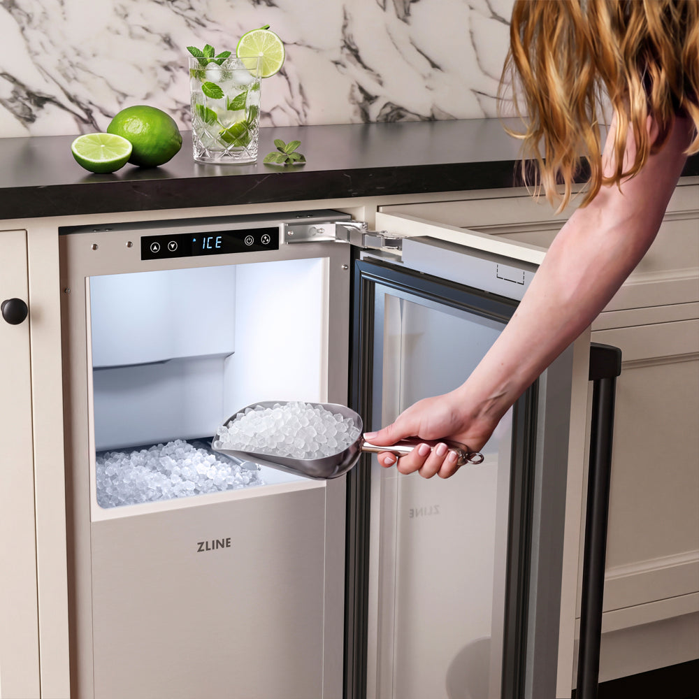 ZLINE Autograph Edition 15 in. Touchstone Nugget Ice Maker with Drain Pump and Panel-Ready Door with Matte Black Handle (INGDPZ-15-MB)