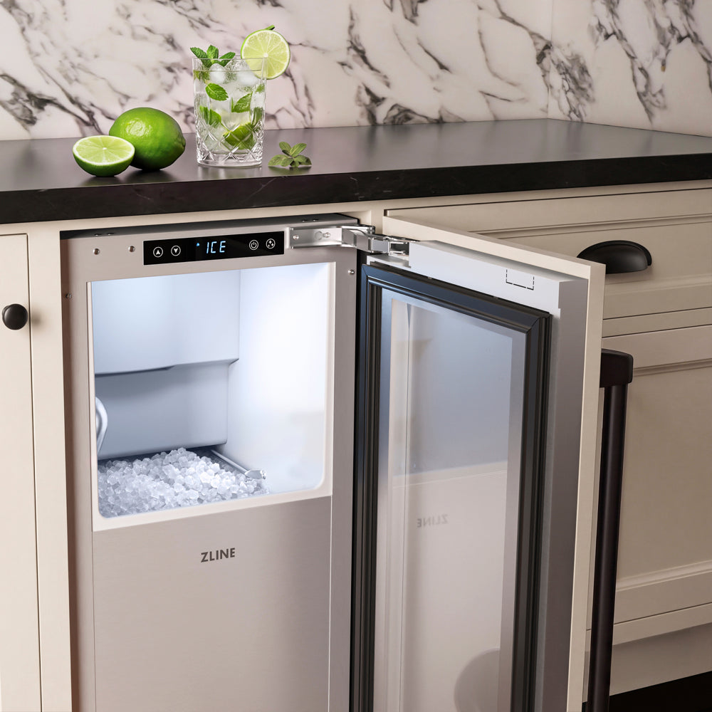 ZLINE Autograph Edition 15 in. Touchstone Nugget Ice Maker with Drain Pump and Panel-Ready Door with Matte Black Handle (INGDPZ-15-MB)