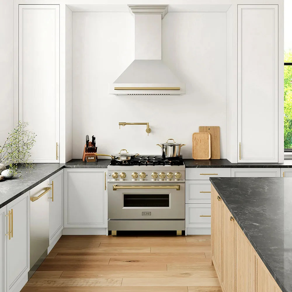 Modern farmhouse kitchen with ZLINE Autograph Edition 36 in. 4.6 cu. ft. Legacy Dual Fuel Range with 6 Burner Gas Cooktop and Electric Convection Oven in Stainless Steel and Champagne Bronze Accents (RAZ-36-CB) and black countertops