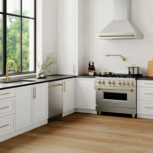 Modern kitchen with white cabinetry, ZLINE Autograph Edition 24 in. Tallac Series 3rd Rack Top Control Built-In Tall Tub Dishwasher in Stainless Steel with Champagne Bronze Handle, 51dBa (DWVZ-304-24-CB), and a large window.