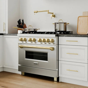 Modern farmhouse kitchen with a ZLINE Autograph Edition 36 in. 4.6 cu. ft. Legacy Dual Fuel Range with 6 Burner Gas Cooktop and Electric Convection Oven in Stainless Steel and Champagne Bronze Accents (RAZ-36-CB) and gold fixtures