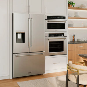 Modern kitchen with ZLINE 36 in. 28.9 cu. ft. Standard-Depth French Door External Water Dispenser Refrigerator with Dual Ice Maker in Fingerprint-Resistant Stainless Steel (RSM-W-36) and wall oven.