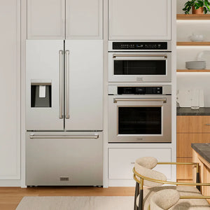 Modern luxury kitchen with stainless steel refrigerator and ZLINE 30 in. 1.6 cu. ft. Built-in Convection Microwave Oven in Stainless Steel with Speed and Sensor Cooking (MWO-30).