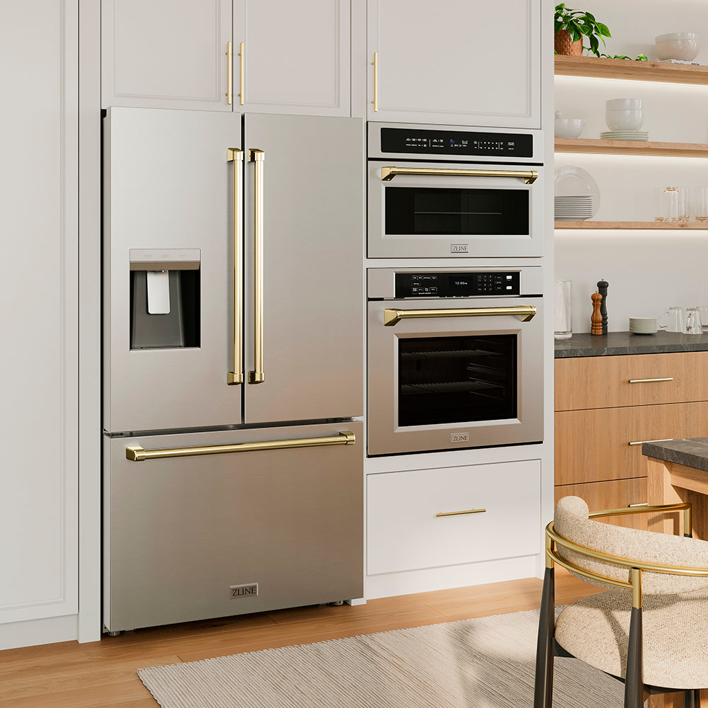 ZLINE Autograph Edition 36 in. 28.9 cu. ft. Standard-Depth French Door External Water Dispenser Refrigerator with Dual Ice Maker in Fingerprint-Resistant Stainless Steel and Polished Gold Traditional Handles (RSMZ-W-36-G)
