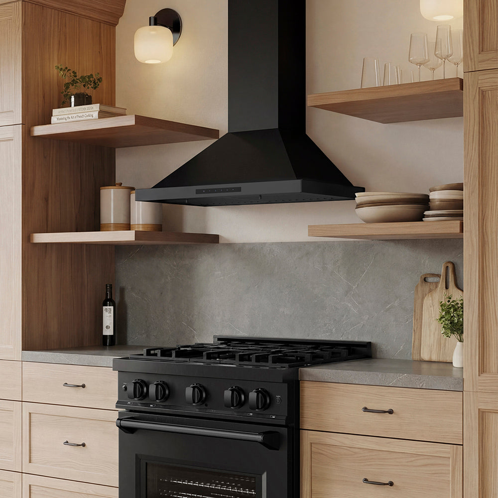 Designer kitchen with ZLINE 30 in. Convertible Vent Wall Mount Range Hood in Black Stainless Steel (BSKBN-30) above a black range, wooden shelves, and gray backsplash.