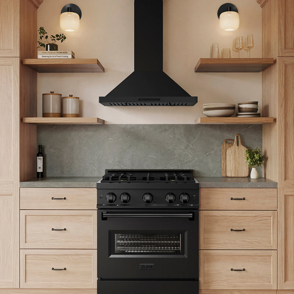 Designer kitchen with ZLINE 30 in. Convertible Vent Wall Mount Range Hood in Black Stainless Steel (BSKBN-30) above a black range and wooden shelves