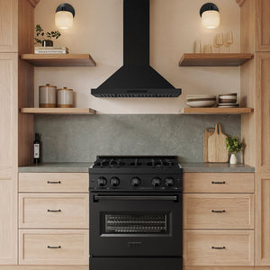 Designer kitchen with ZLINE 30 in. Convertible Vent Wall Mount Range Hood in Black Stainless Steel (BSKBN-30) above a black range and wooden shelves