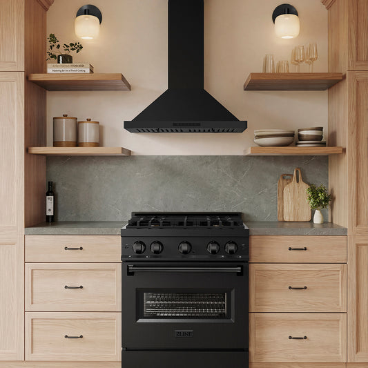 Designer kitchen with ZLINE 30 in. Convertible Vent Wall Mount Range Hood in Black Stainless Steel (BSKBN-30) above a black range and wooden shelves