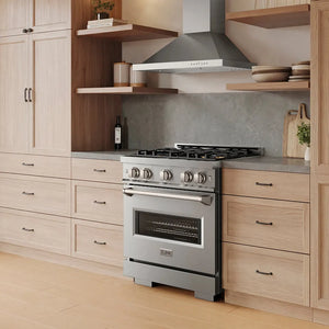 ZLINE 30 in. 4.2 cu. ft. Classic Dual Fuel Range with 4 Burner DuoPro™ Cooktop and Electric Convection Oven in Stainless Steel (PCDR30) in a modern kitchen with wooden cabinets and shelves, side.