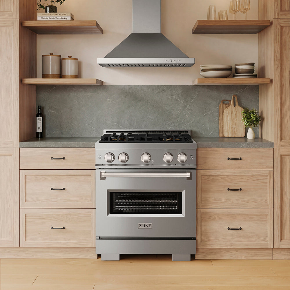 ZLINE 30 in. 4.2 cu. ft. Classic Dual Fuel Range with 4 Burner DuoPro™ Cooktop and Electric Convection Oven in Stainless Steel (PCDR30) in a modern kitchen with wooden cabinets and shelves, front.