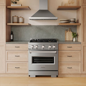 ZLINE 30 in. 4.2 cu. ft. Classic Dual Fuel Range with 4 Burner DuoPro™ Cooktop and Electric Convection Oven in Stainless Steel (PCDR30) in a modern kitchen with wooden cabinets and shelves, front.