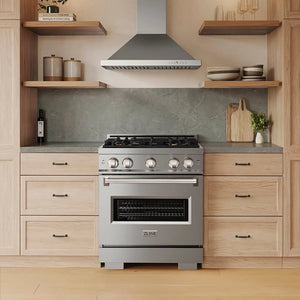 ZLINE 30 in. 4.2 cu. ft. Classic Dual Fuel Range with 4 Burner DuoPro™ Cooktop and Electric Convection Oven in Stainless Steel (PCDR30) in a modern kitchen with wooden cabinets and shelves, front.