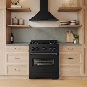 ZLINE 30 in. 4.2 cu. ft. Classic Dual Fuel Range with 4 Burner DuoPro™ Cooktop and Electric Convection Oven in Black Stainless Steel (PCDRB-30) in a modern kitchen with wooden cabinets and shelves, front.