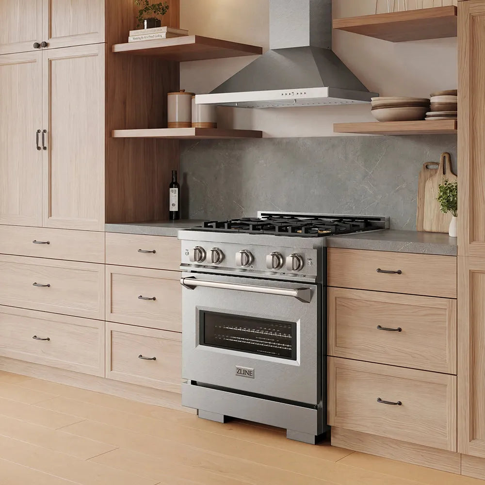ZLINE 30 in. 4.2 cu. ft. Classic Dual Fuel Range with 4 Burner DuoPro™ Cooktop and Electric Convection Oven in Satin Stainless Steel (PCDRS-30) in a modern kitchen with wooden cabinets and shelves, side.