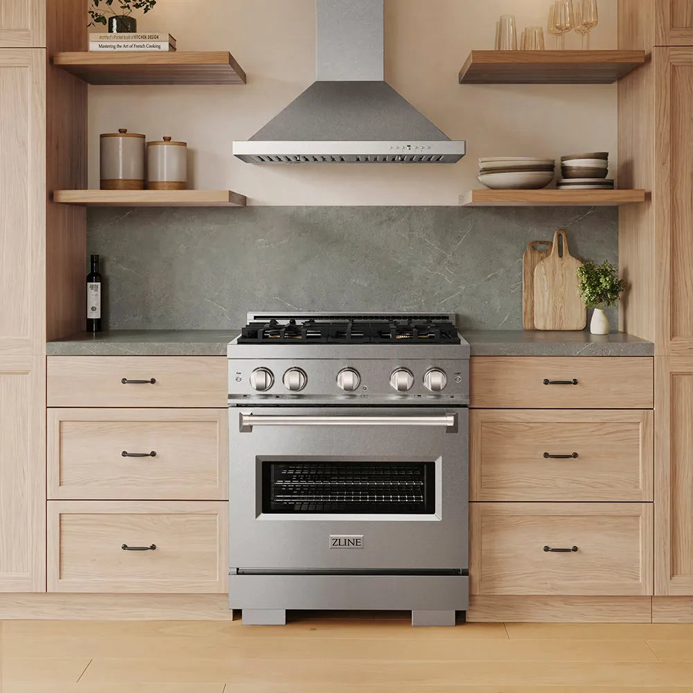 ZLINE 30 in. 4.2 cu. ft. Classic Dual Fuel Range with 4 Burner DuoPro™ Cooktop and Electric Convection Oven in Satin Stainless Steel (PCDRS-30) in a modern kitchen with wooden cabinets and shelves, front.