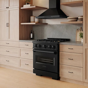 ZLINE 30 in. 4.2 cu. ft. Classic Gas Range with 4 Burner DuoPro™ Cooktop and Convection Gas Oven in Black Stainless Steel (PCGRB-30) in a modern kitchen with wooden cabinets and shelves, side.