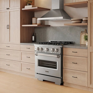 ZLINE 30 in. 4.2 cu. ft. Classic Gas Range with 4 Burner DuoPro™ Cooktop and Convection Gas Oven in Satin Stainless Steel (PCGRS-30) in a modern kitchen with wooden cabinets and shelves, side.